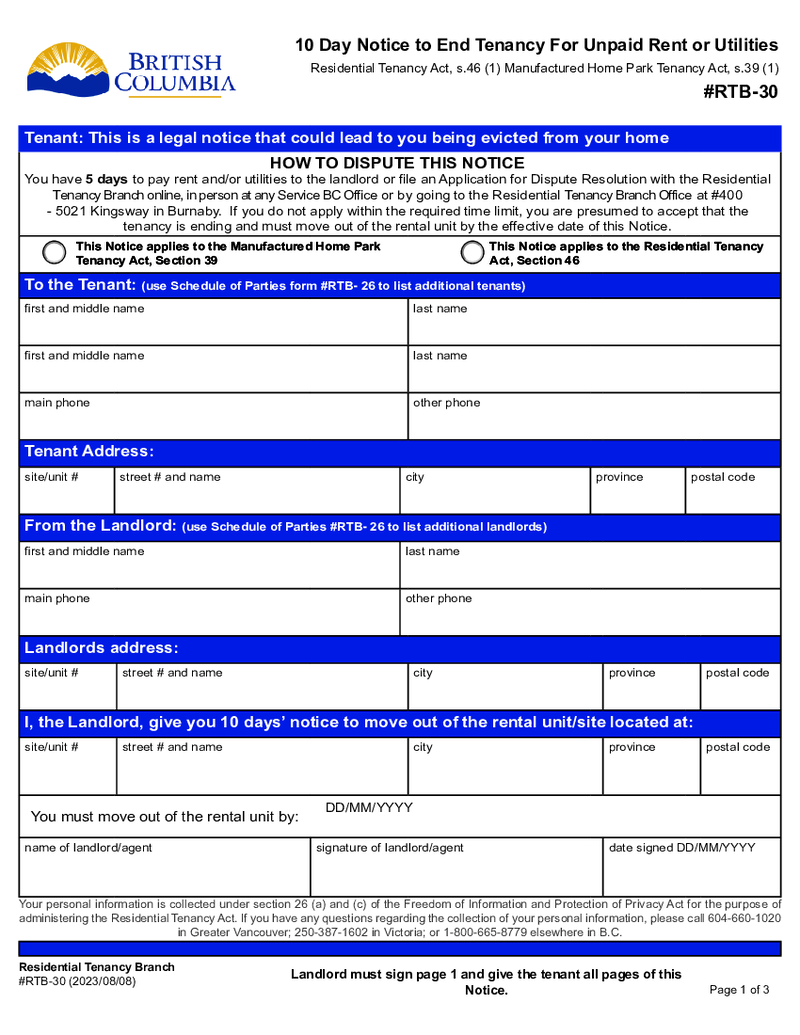 BC 10 Day Notice to End Tenancy