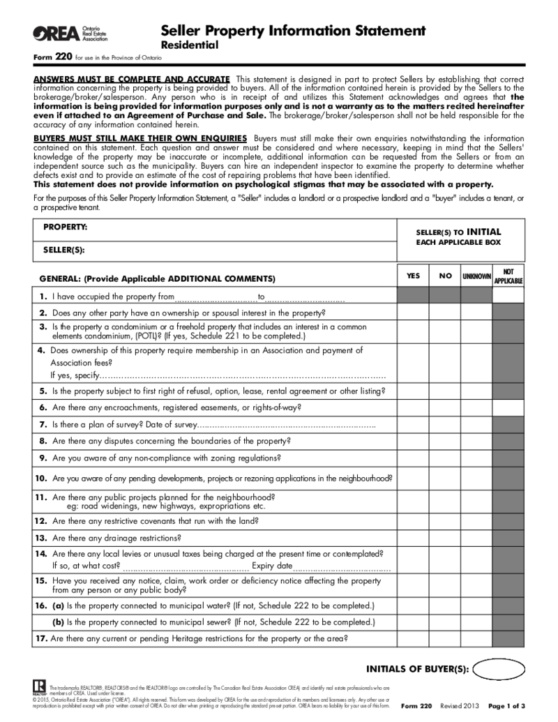 Form 220, Seller Property Information Statement, Residential