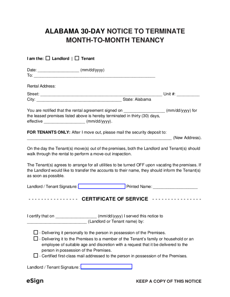 Alabama 30 Day Notice to Vacate