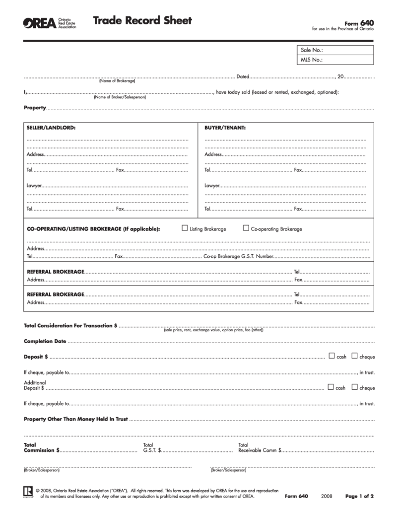 OREA Form 640, Trade Record Sheet