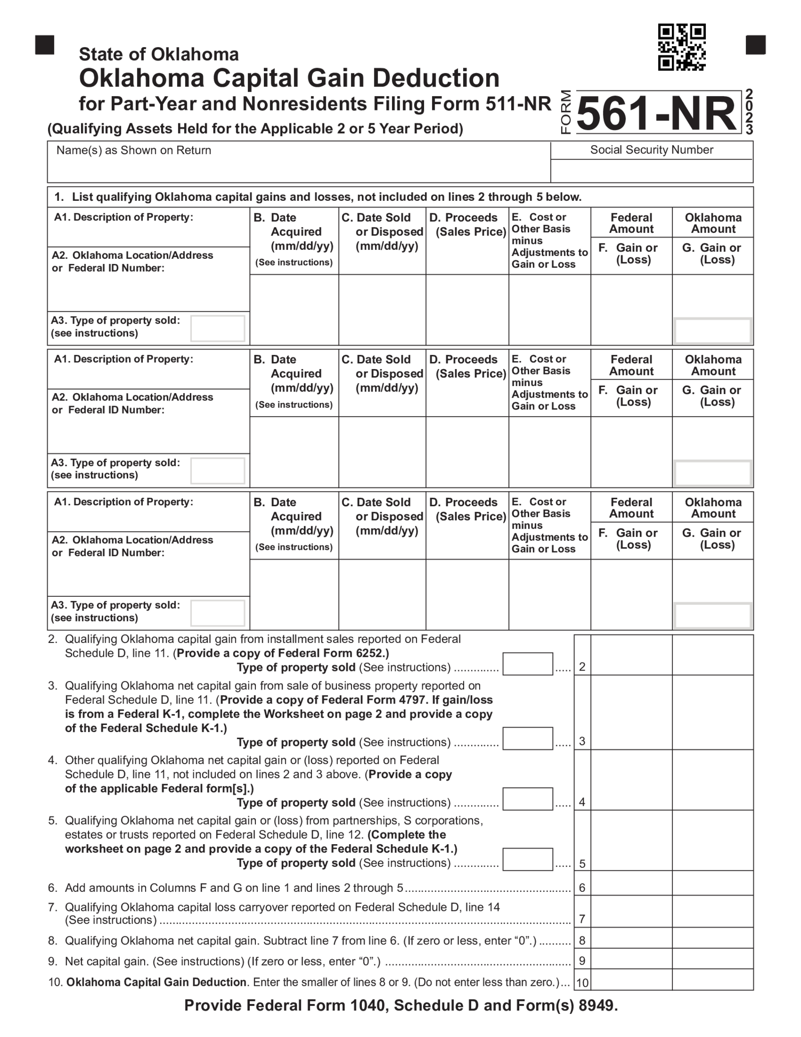 Oklahoma Form 561-NR - Capital Gain Deduction (2023) - Thumbnail