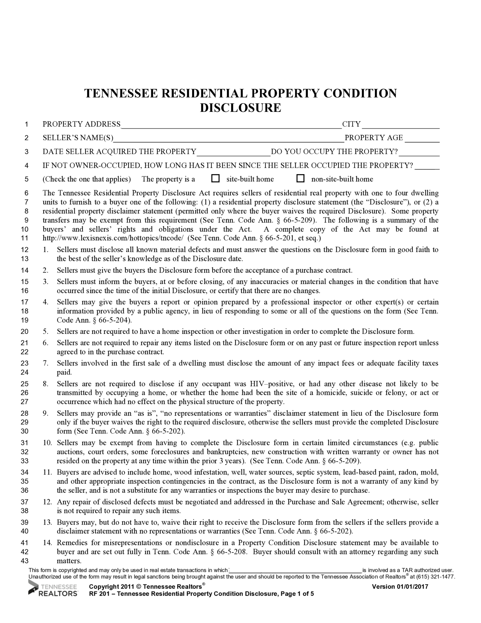 Form RF204 Tennessee Residential Property Condition Statement - Thumbnail