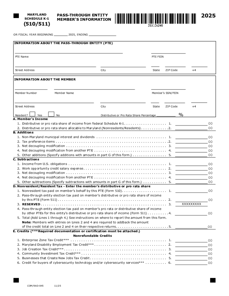 Form 510 Schedule K-1 Maryland Pass-Through Entity Members Information