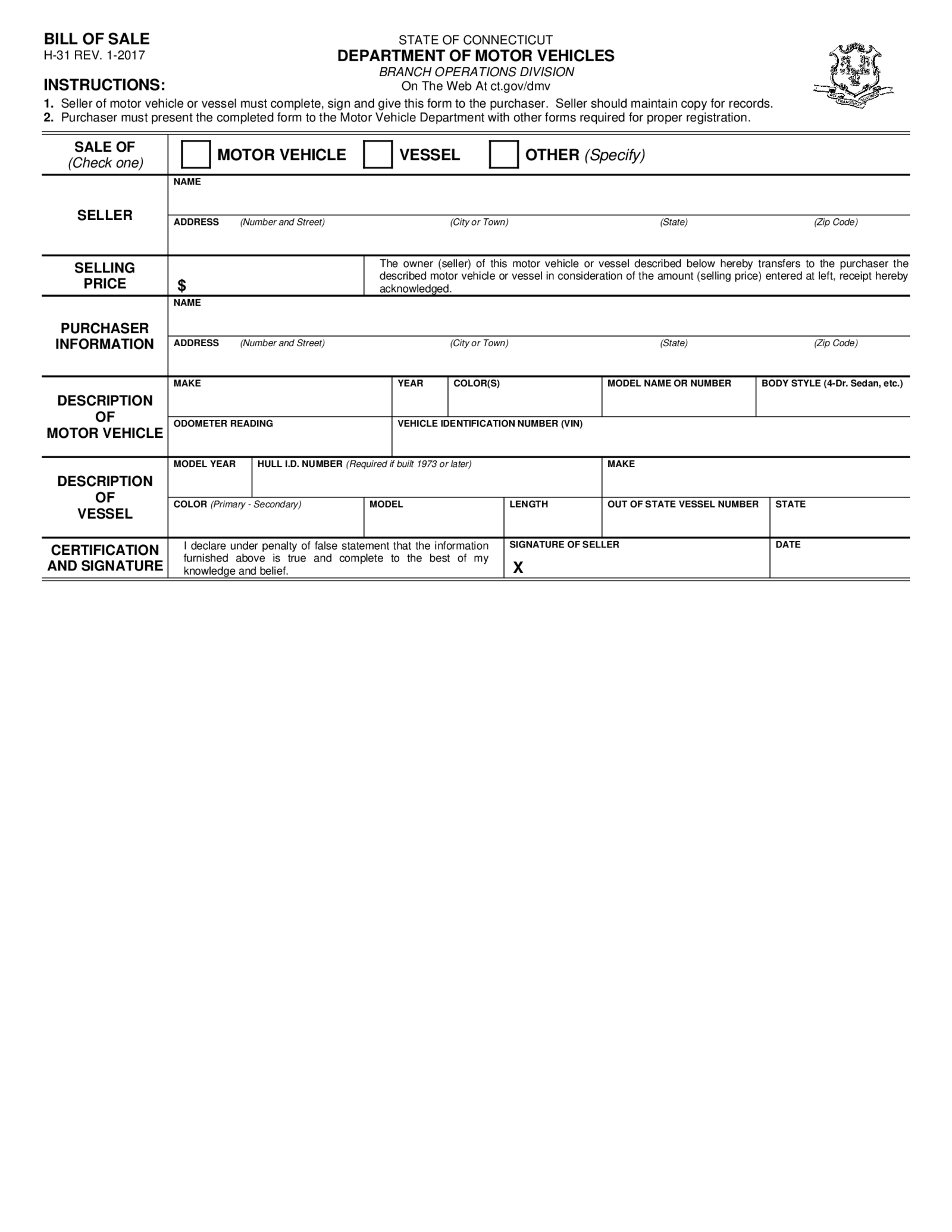 Connecticut Bill of Sale Form - Thumbnail