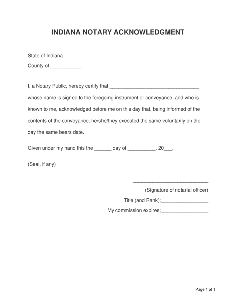 Indiana Notary Acknowledgment Form