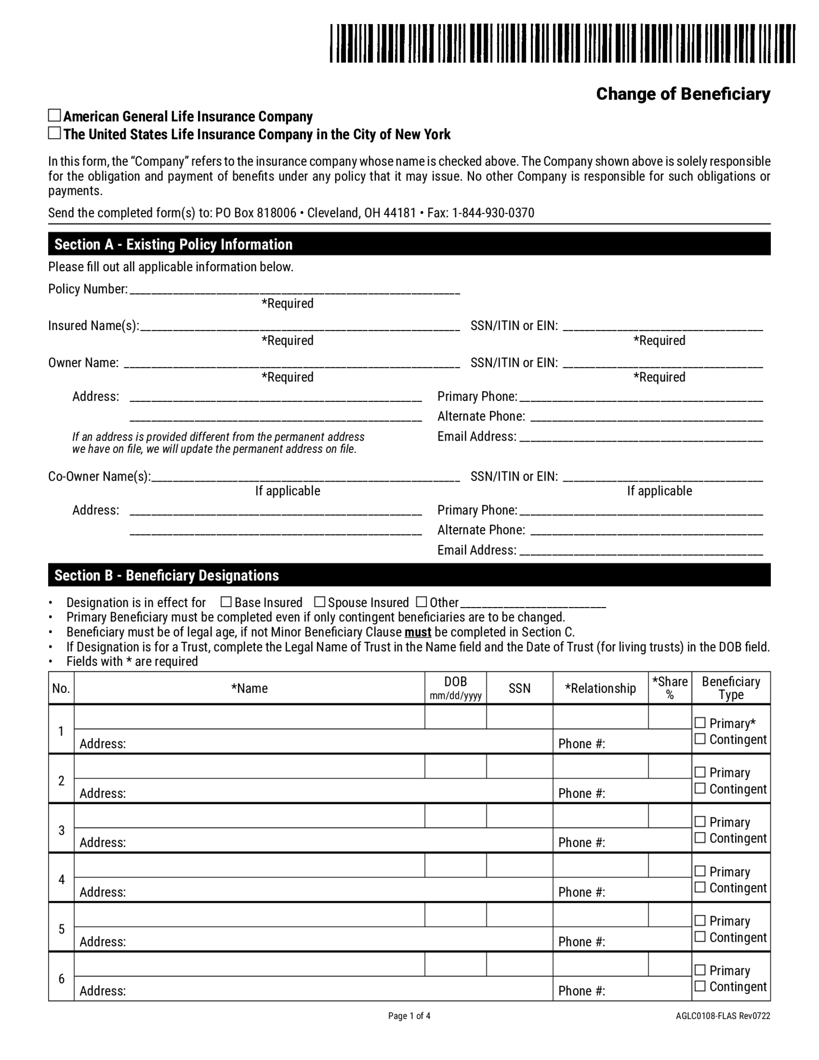 AIG Change of Beneficiary Form - Thumbnail