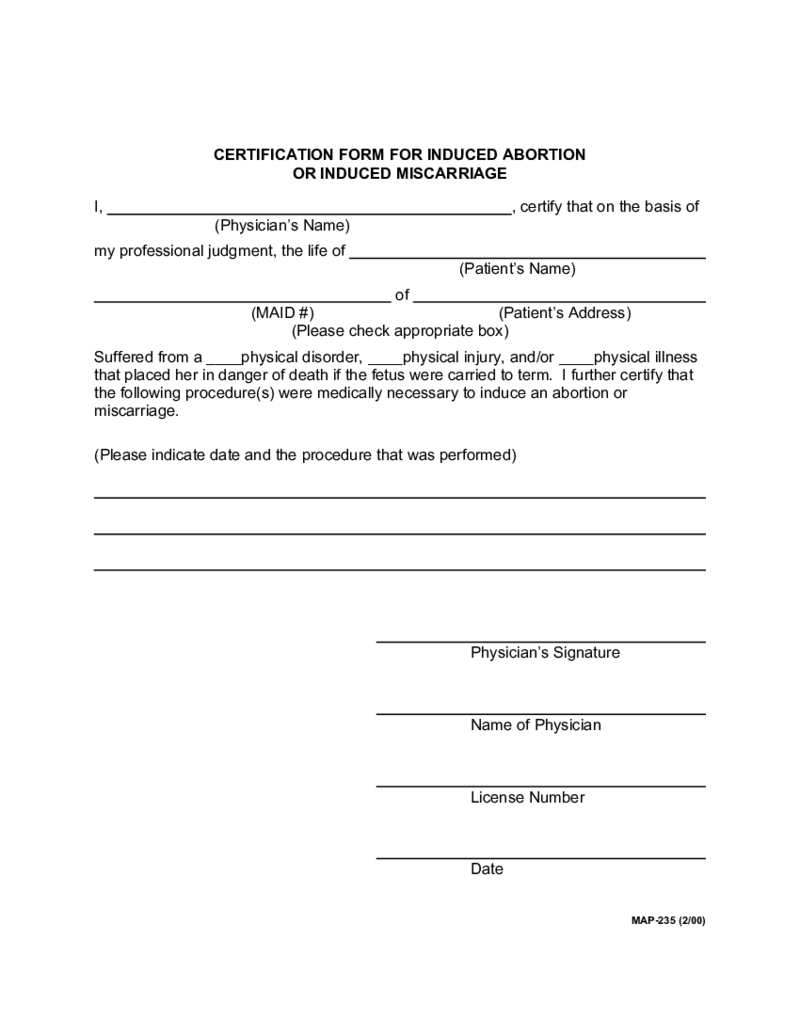 Form MAP-235, Certification Form for Induced Abortion or Induced Miscarriage