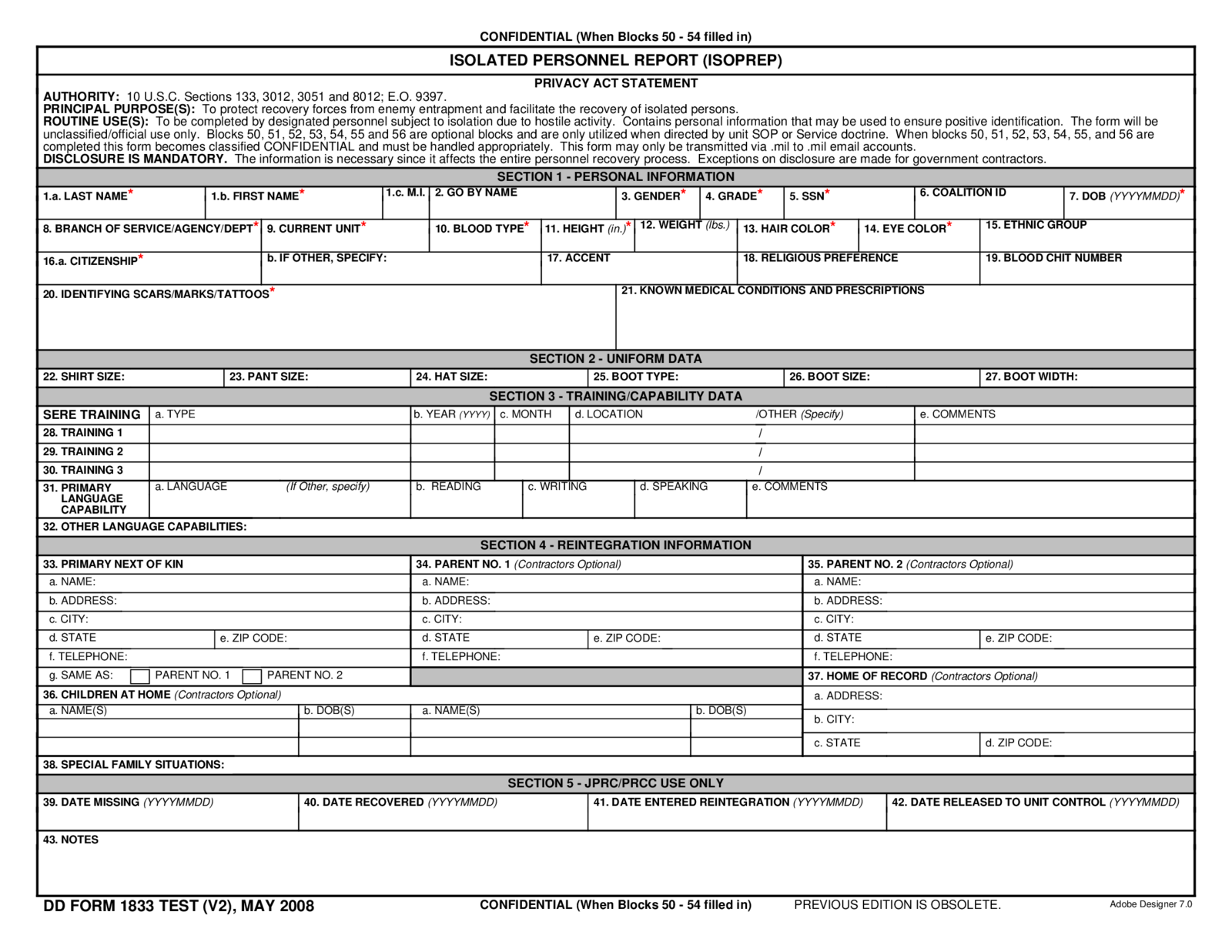 DD 1833 Form (ISOPREP) - Thumbnail