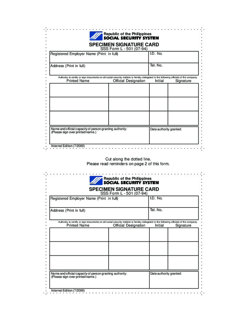 Specimen Signature Card