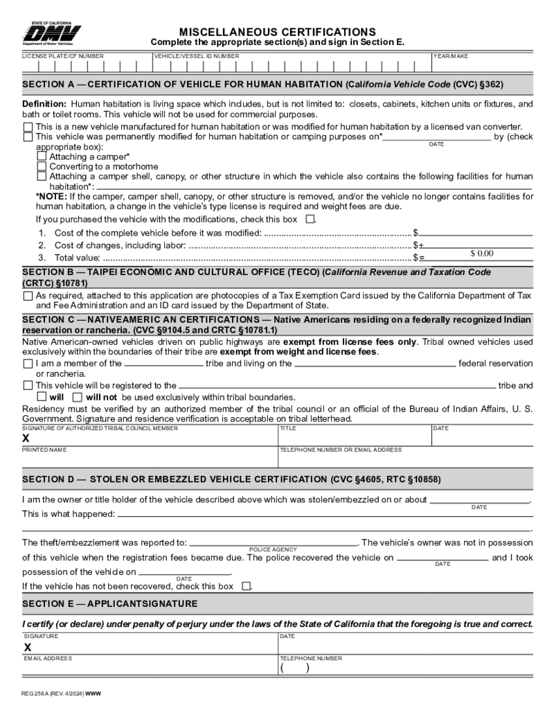 REG 256A Miscellaneous Certifications