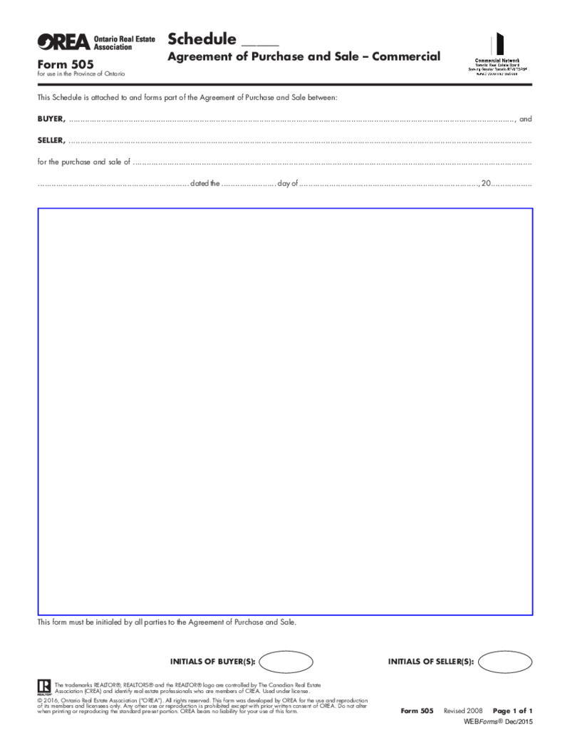 Form 505, Schedule - Agreement of Purchase and Sale