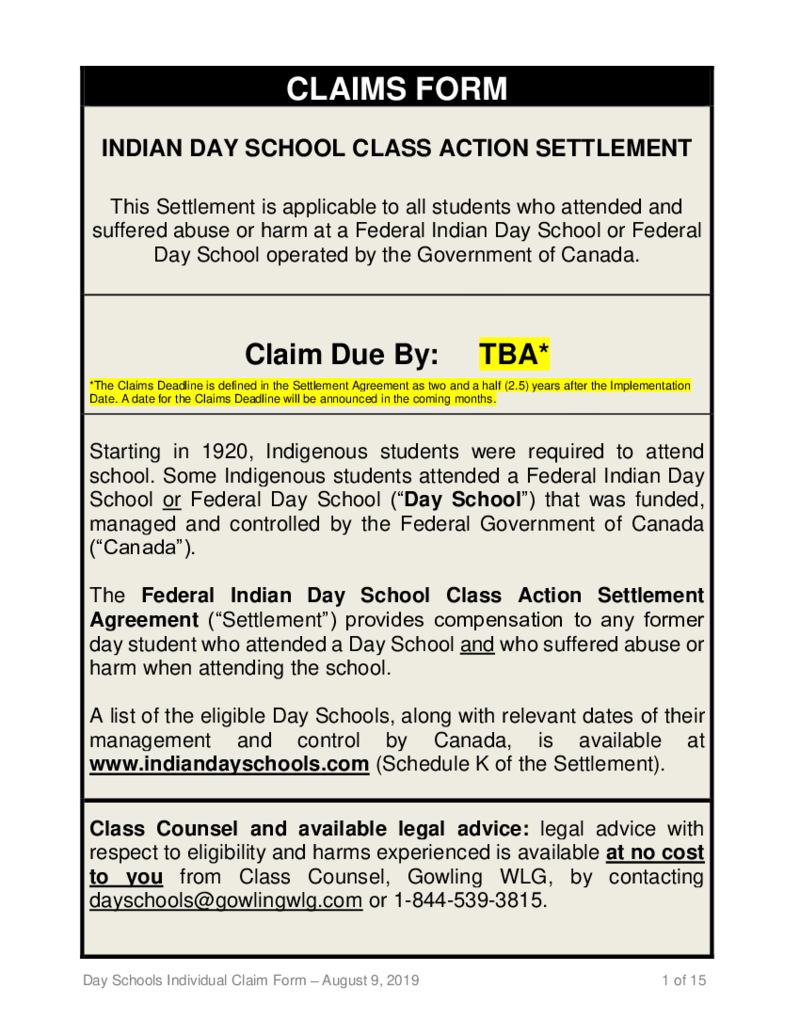 Canada Indian Day School Claim Form