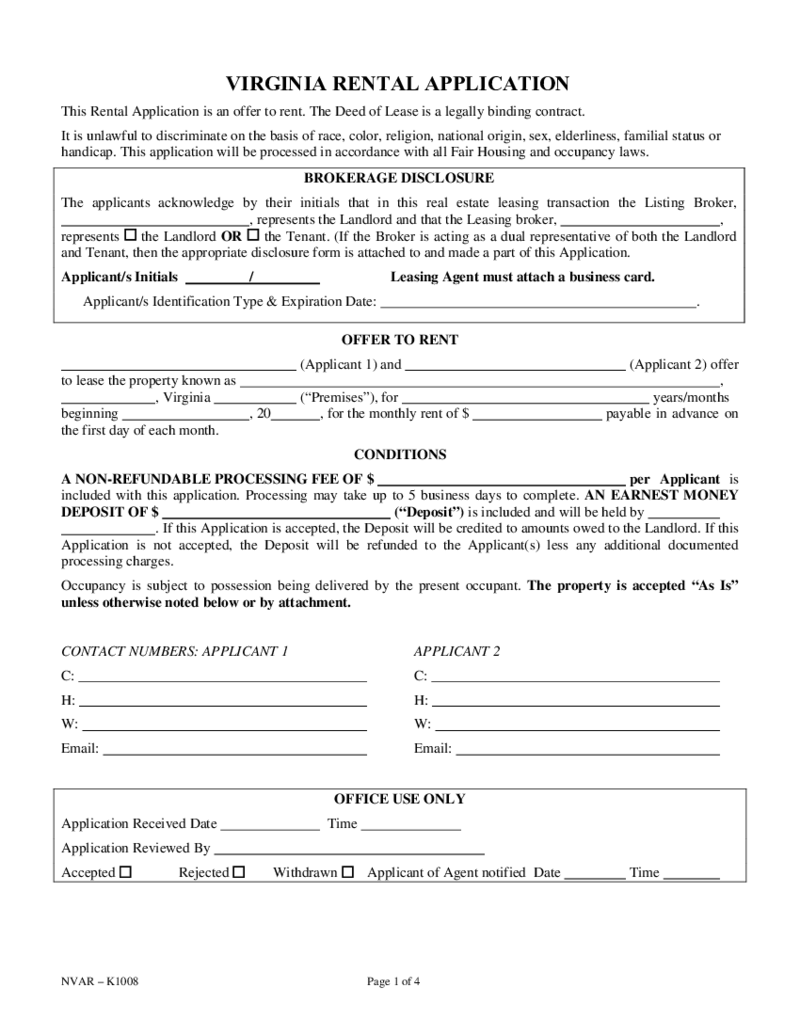 Virginia Rental Application Form K1008