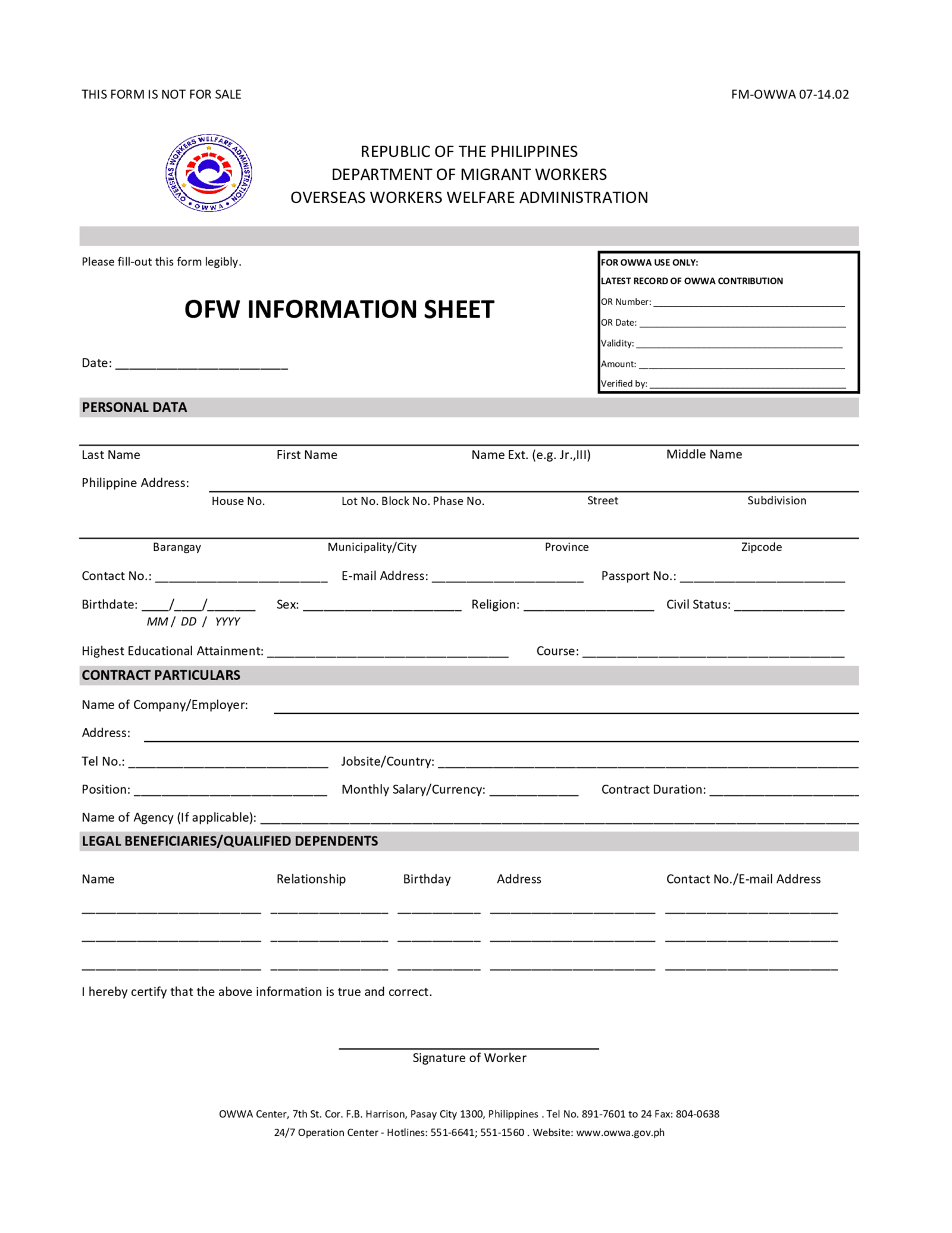 Fillable OFW Information Sheet - Thumbnail