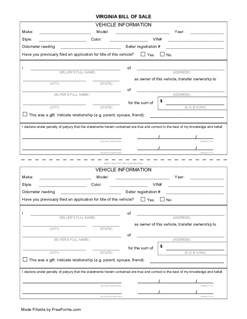 Virginia Motor Vehicle Bill of Sale