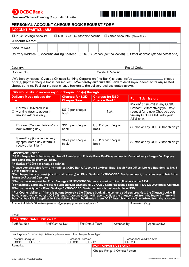 Fillable Ocbc Cheque Book Request