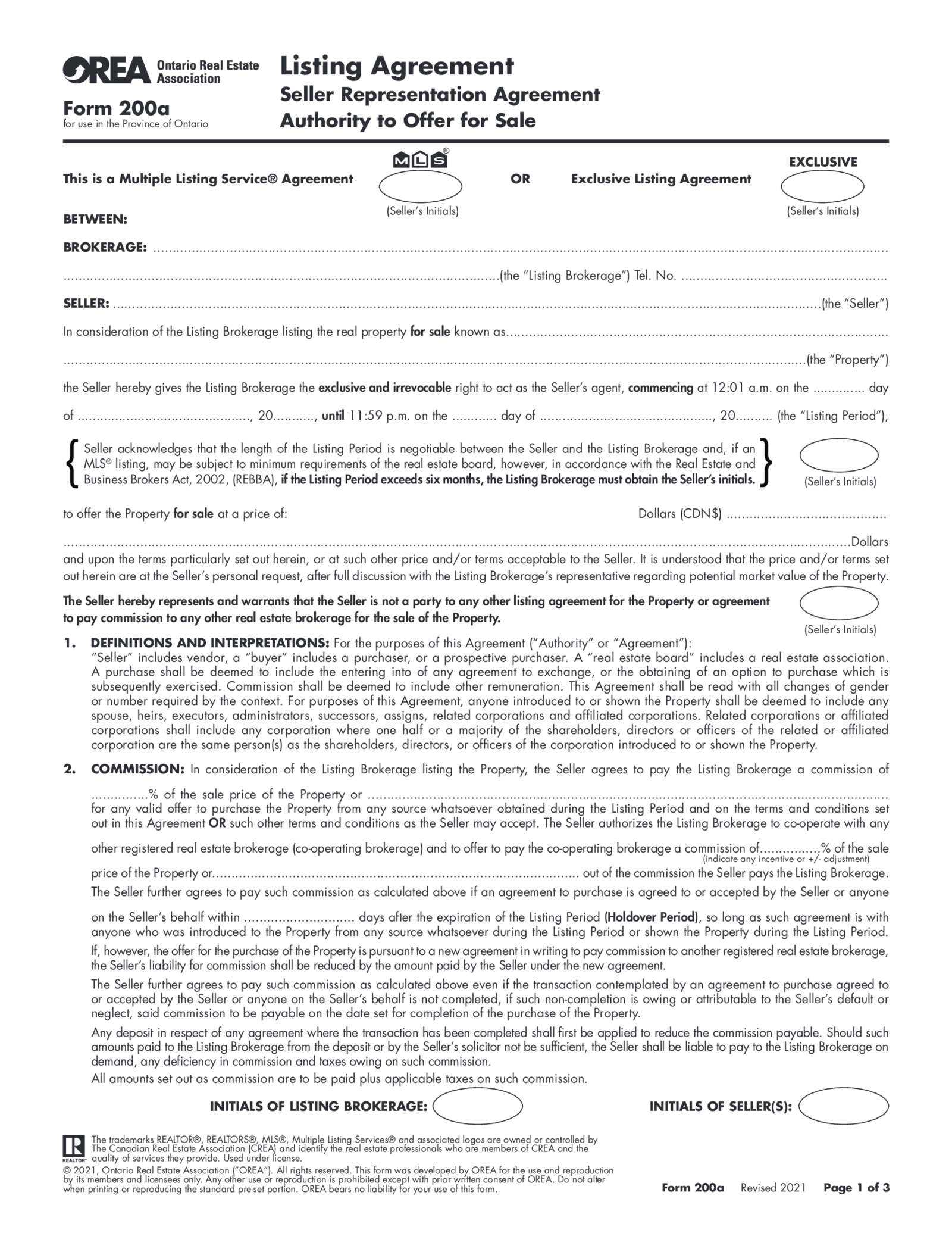 Form 200A, Listing Agreement, Authority to Offer for Sale - Thumbnail