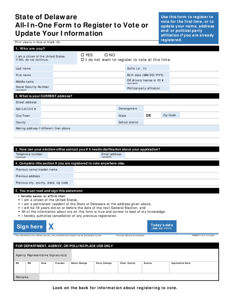 State of Delaware All-In-One Form to Register to Vote or Update Your Information