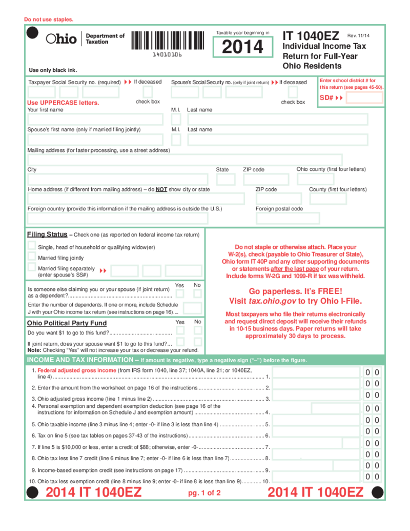 Ohio Form IT 1040EZ