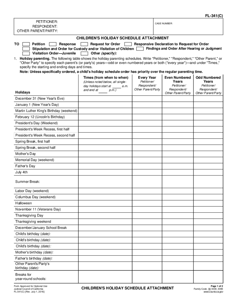 FL-341(C) Children s Holiday Schedule Attachment