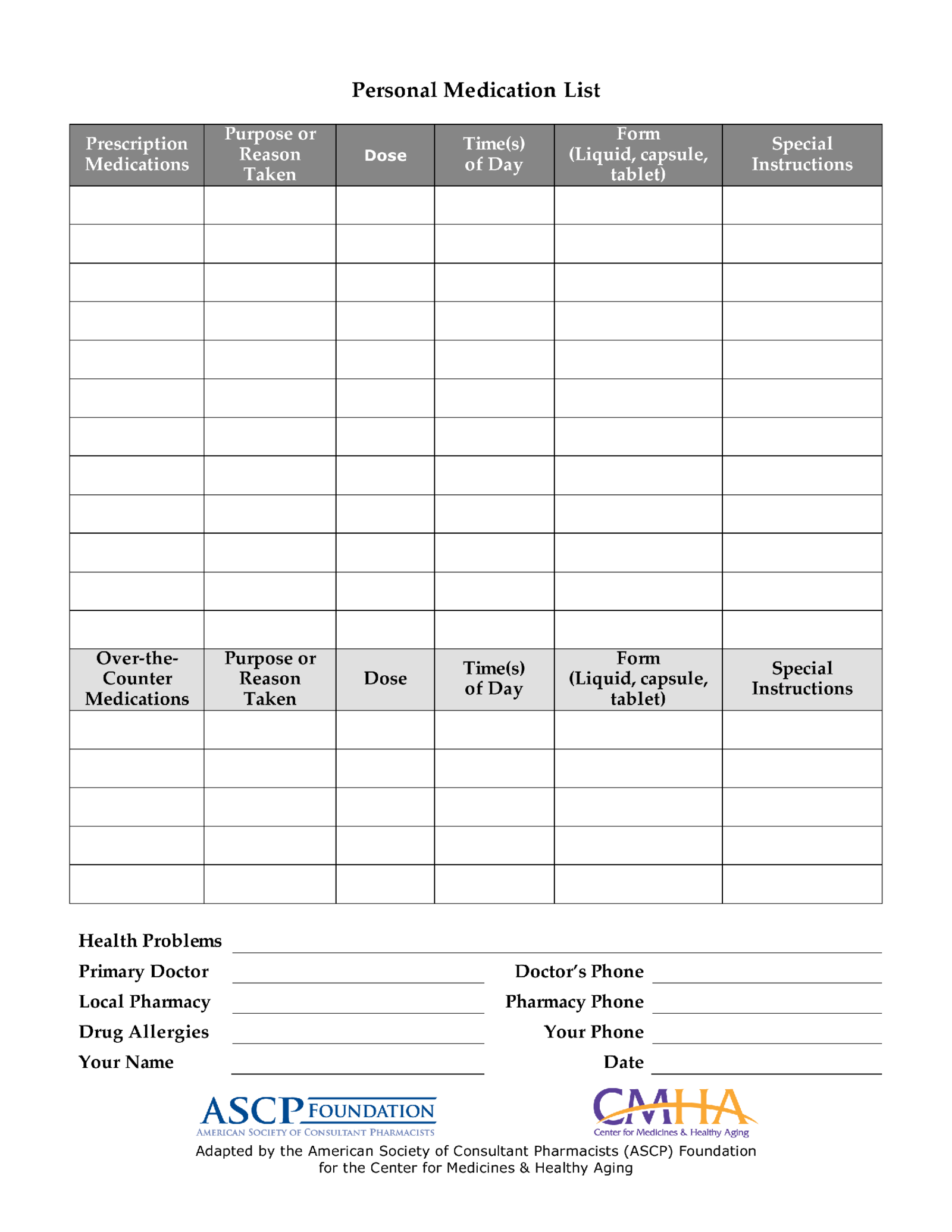 ASCP Personal Medication List - Thumbnail