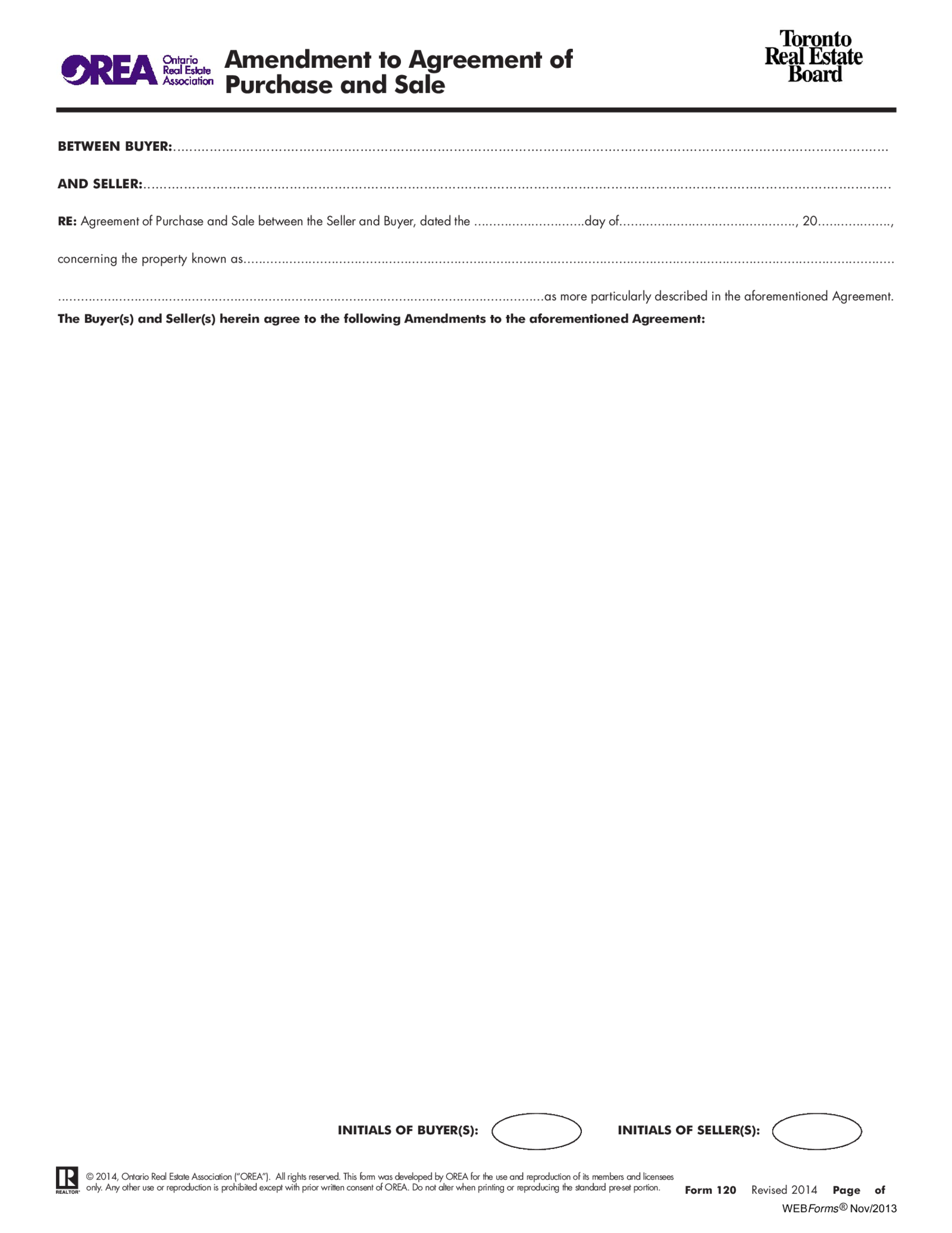 OREA Form 570, Amendment to Agreement of Purchase and Sale - Thumbnail