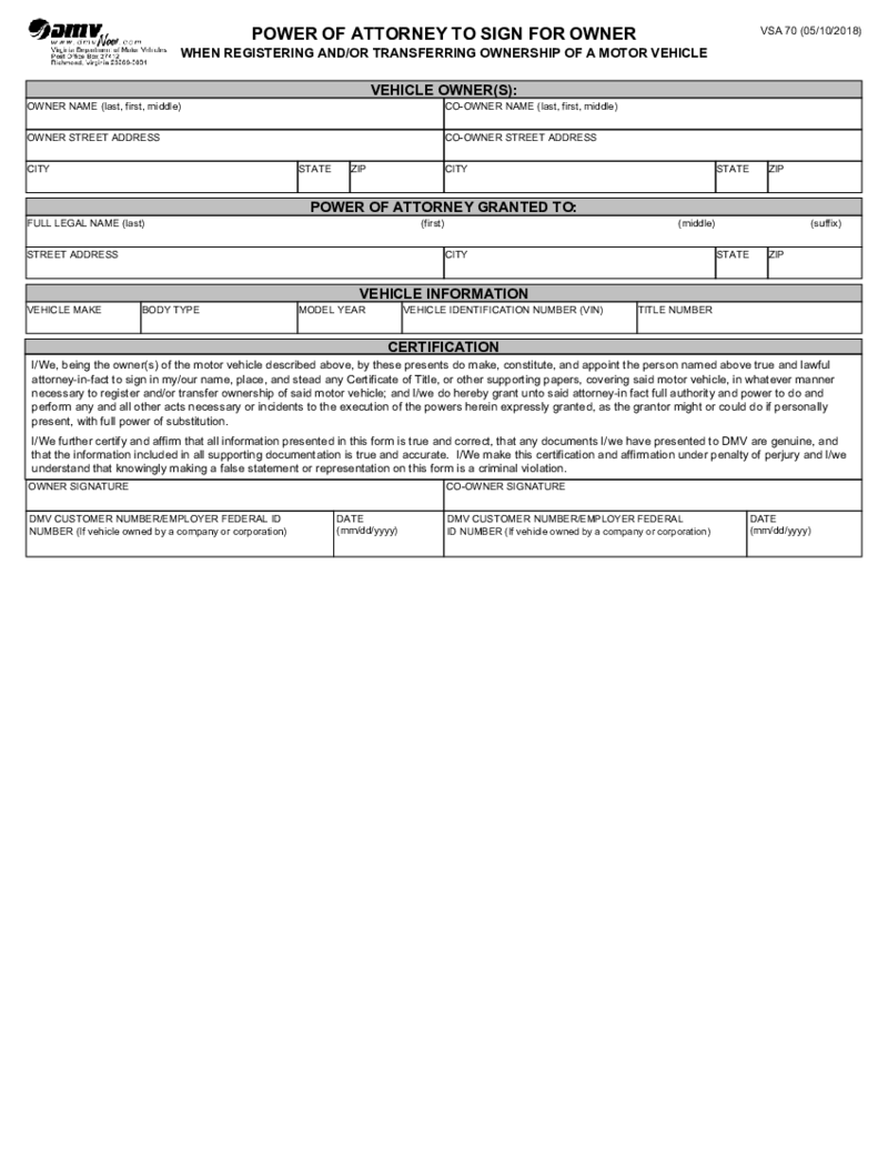 VA DMV Power of Attorney Form - VSA 70 Form