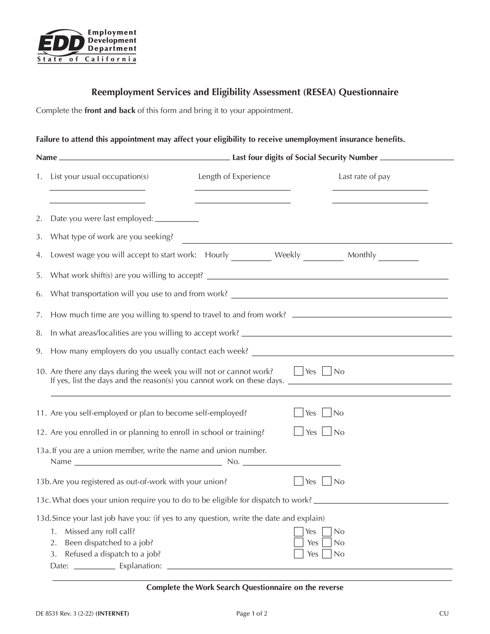 DE 8531 Form - Thumbnail