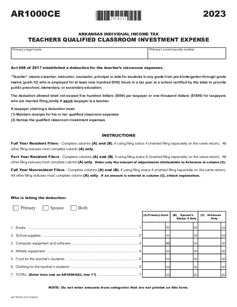 Arkansas Form AR1000CE Individual Teachers Qualified Classroom Investment Expense