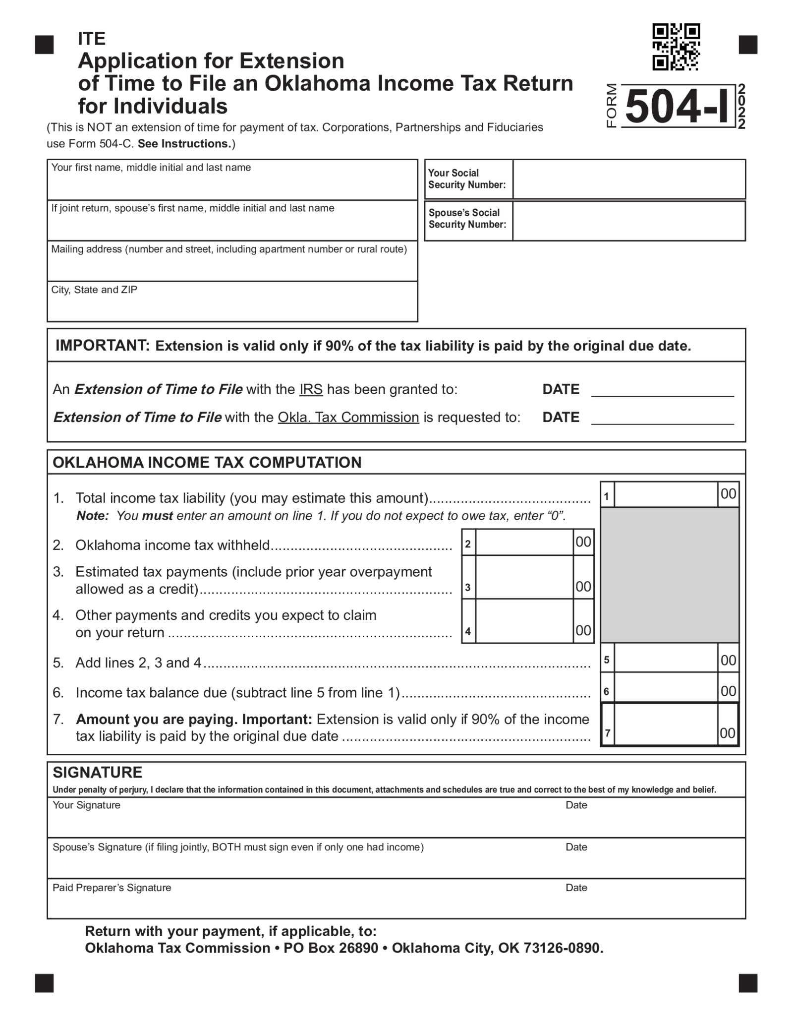 Oklahoma Form 504-I for Individuals - Thumbnail