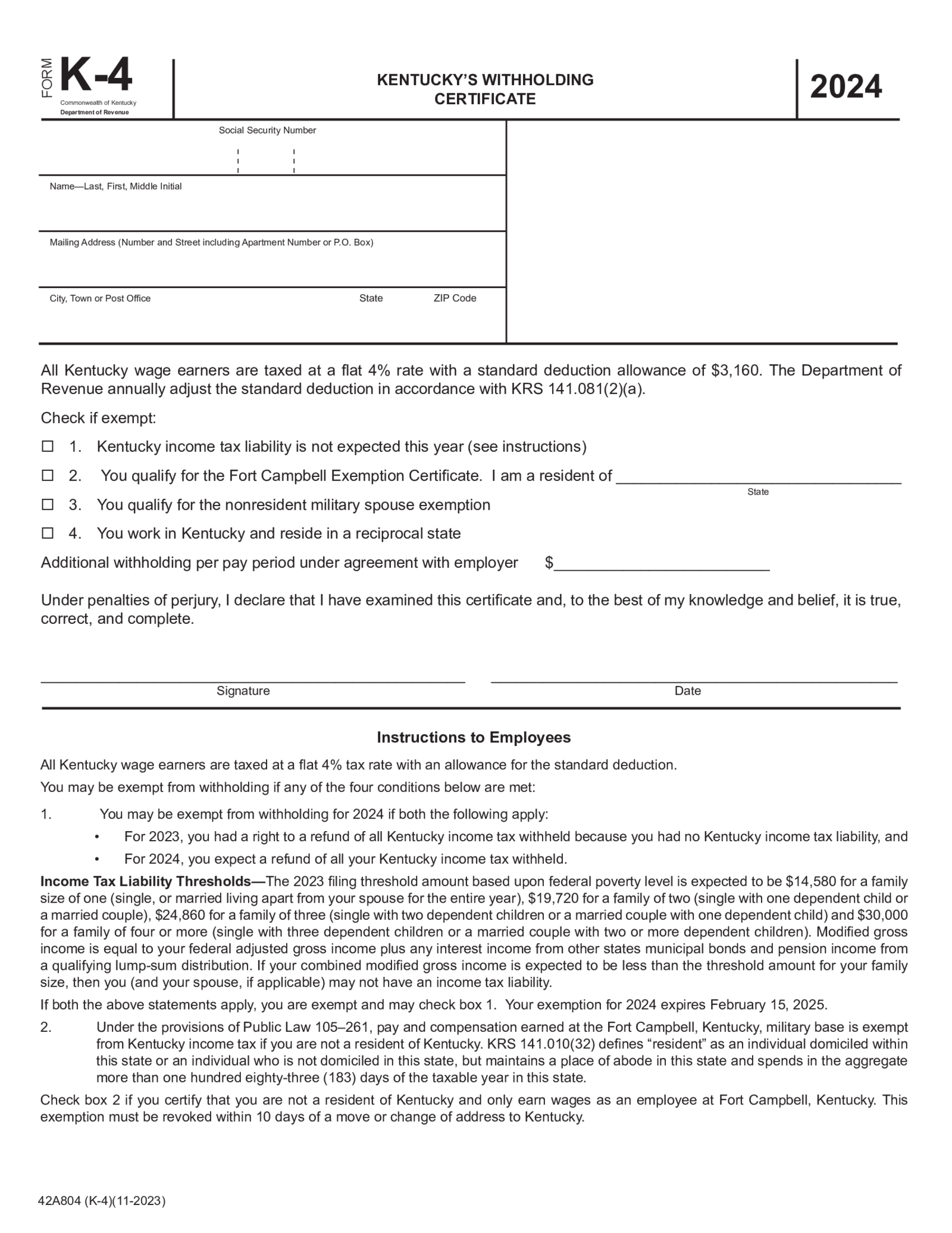 Kentucky Withholding Certificate - Form K-4 - Thumbnail