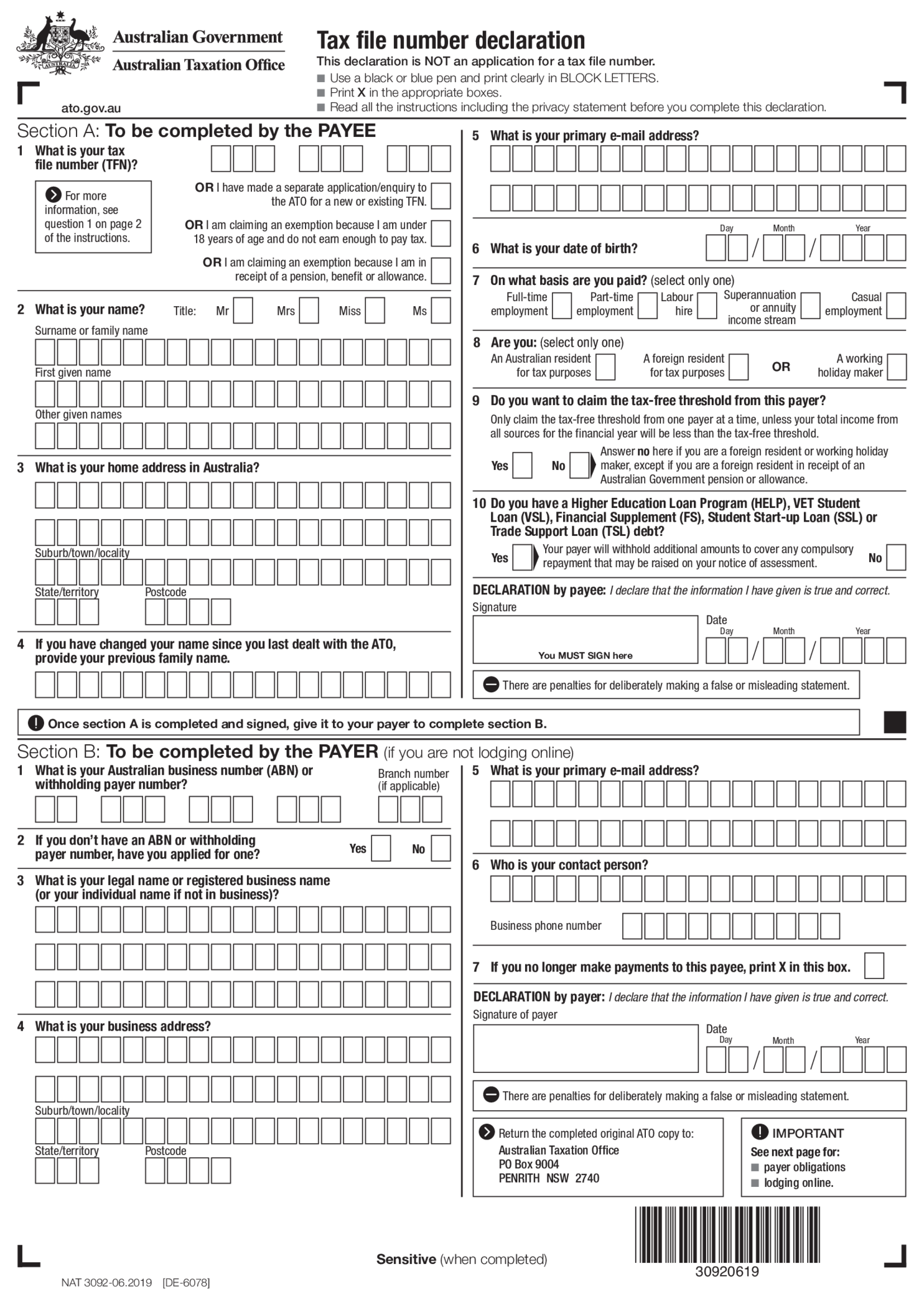 Fillable Tax File Number Declaration - Thumbnail