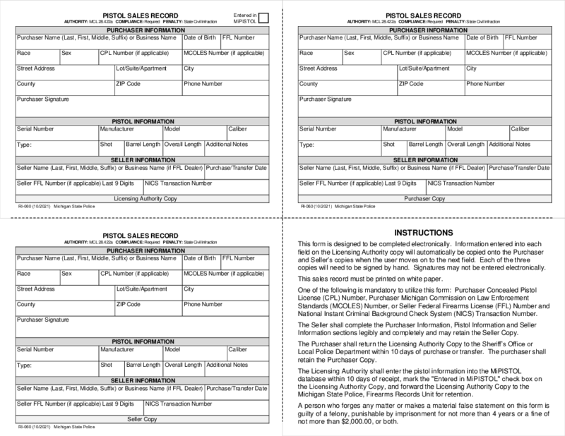 MI RI-060 Pistol Sales Record Form
