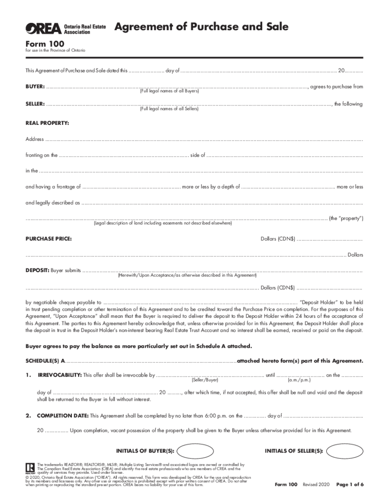 OREA Form 100 Agreement of Purchase and Sale