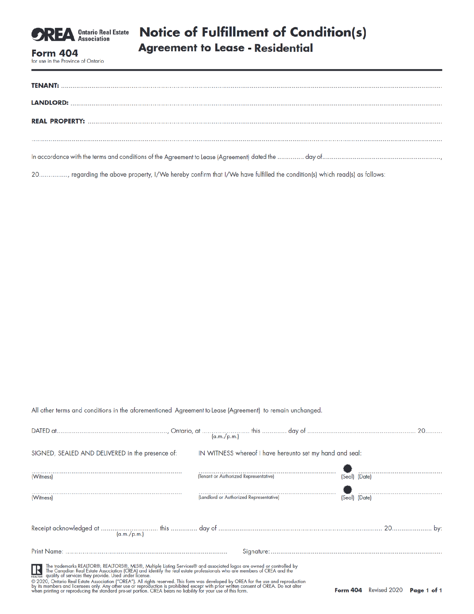 Form 404, Agreement to Lease - Residential - Thumbnail