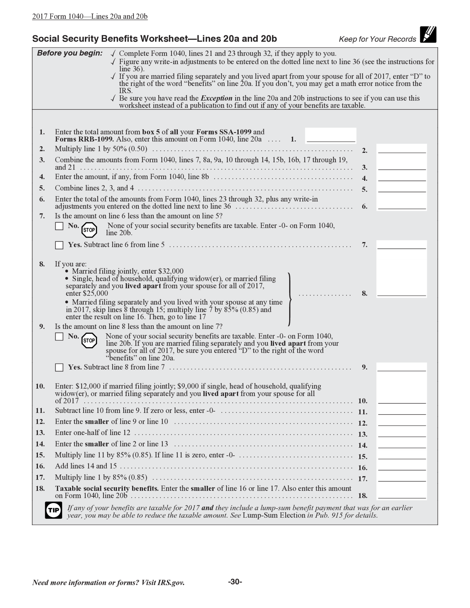 Taxable Social Security Benefits Worksheet (2017) - Thumbnail