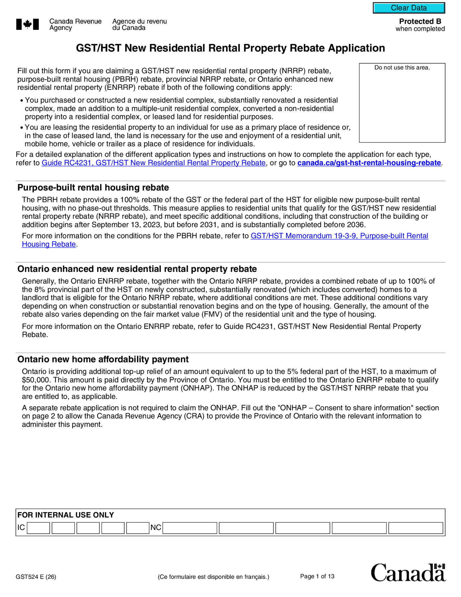 GST524 GST HST New Residential Rental Property Rebate Application - Thumbnail