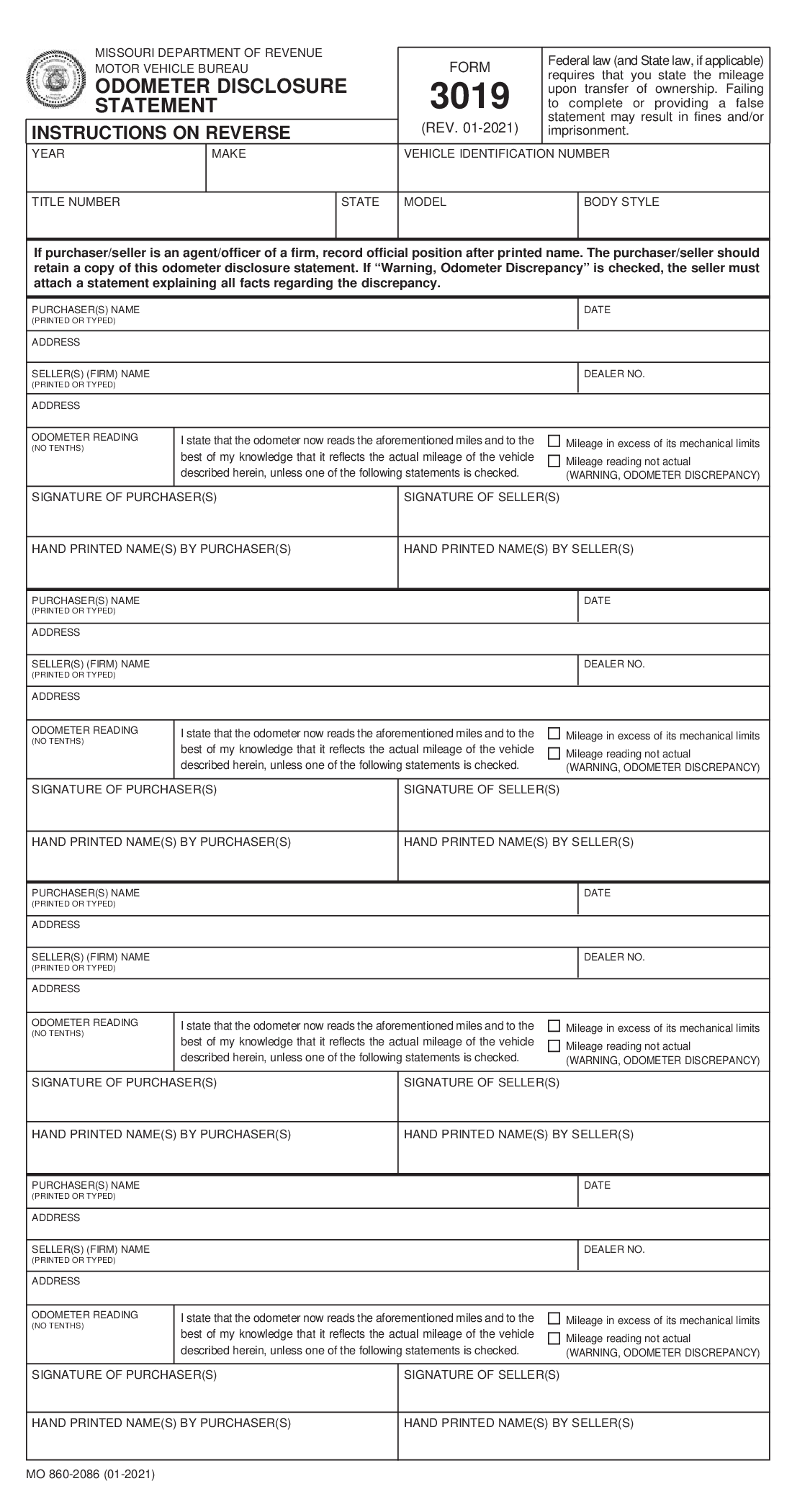 Missouri Form 3019 - Odometer Disclosure Statement - Thumbnail