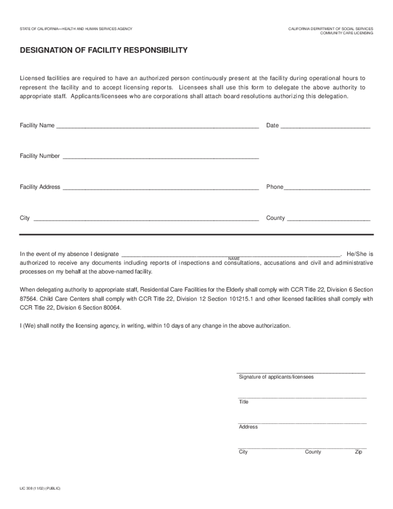 LIC 308. Designation of Facility Responsibility