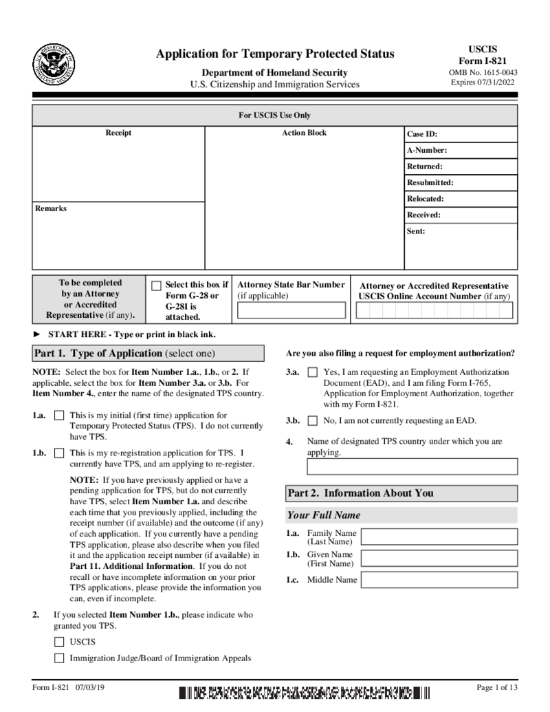 Form I-821, Application for Temporary Protected Status