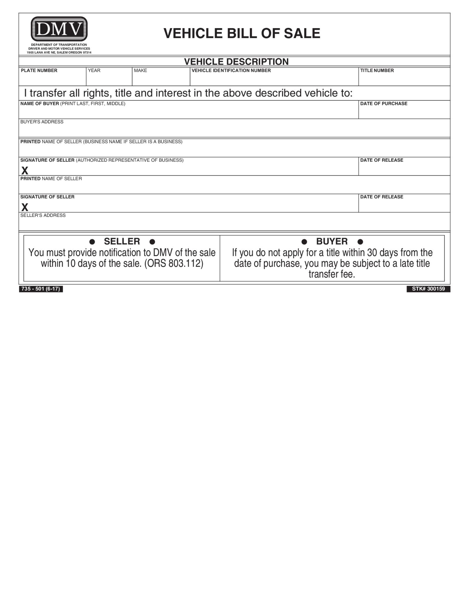 Oregon Motor Vehicle Bill of Sale - Thumbnail