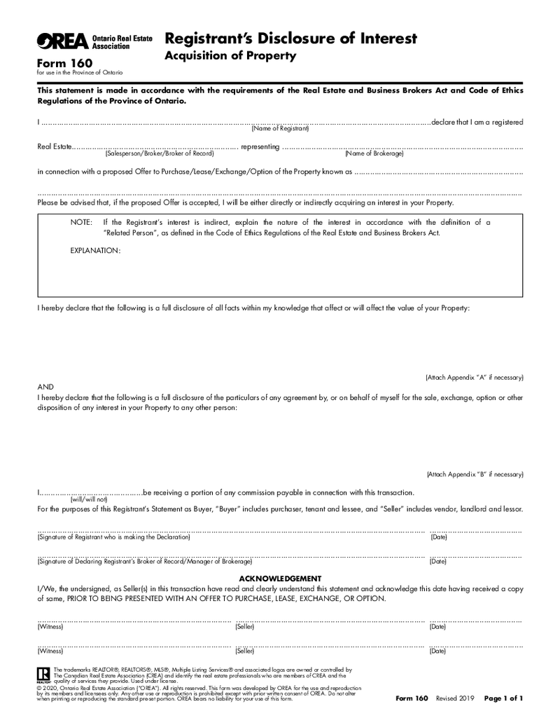 Form 160, Registrants Disclosure of Interest , Acquisition of Property