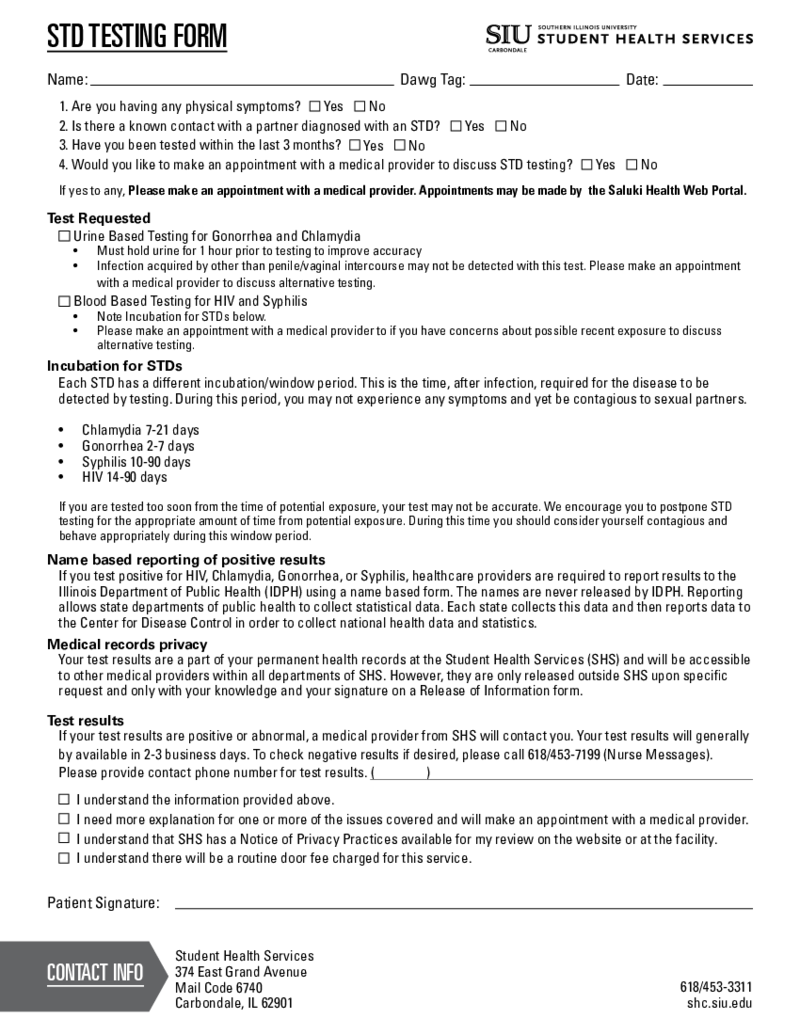 STD Testing Results Form