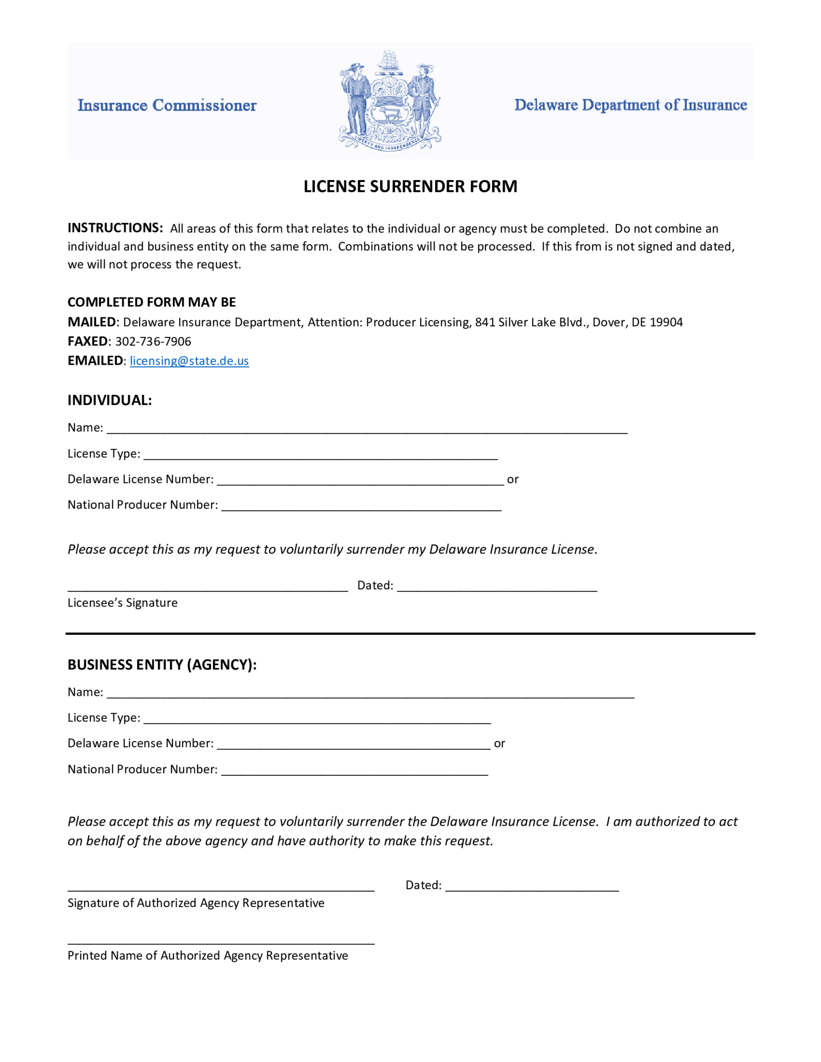 License Surrender Form - Delaware - Thumbnail