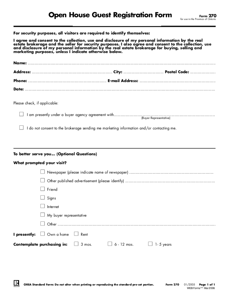Form 270, Open House Guest Registration