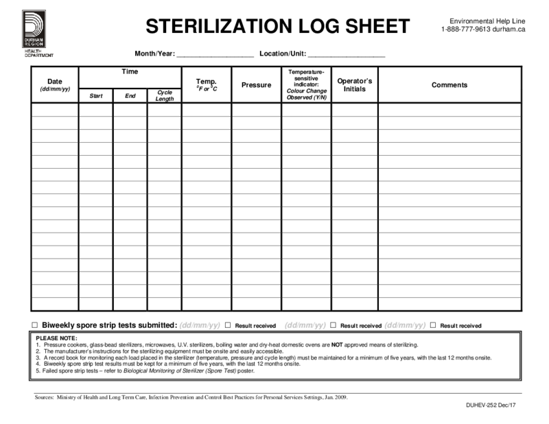 Sterilization Log Sheet