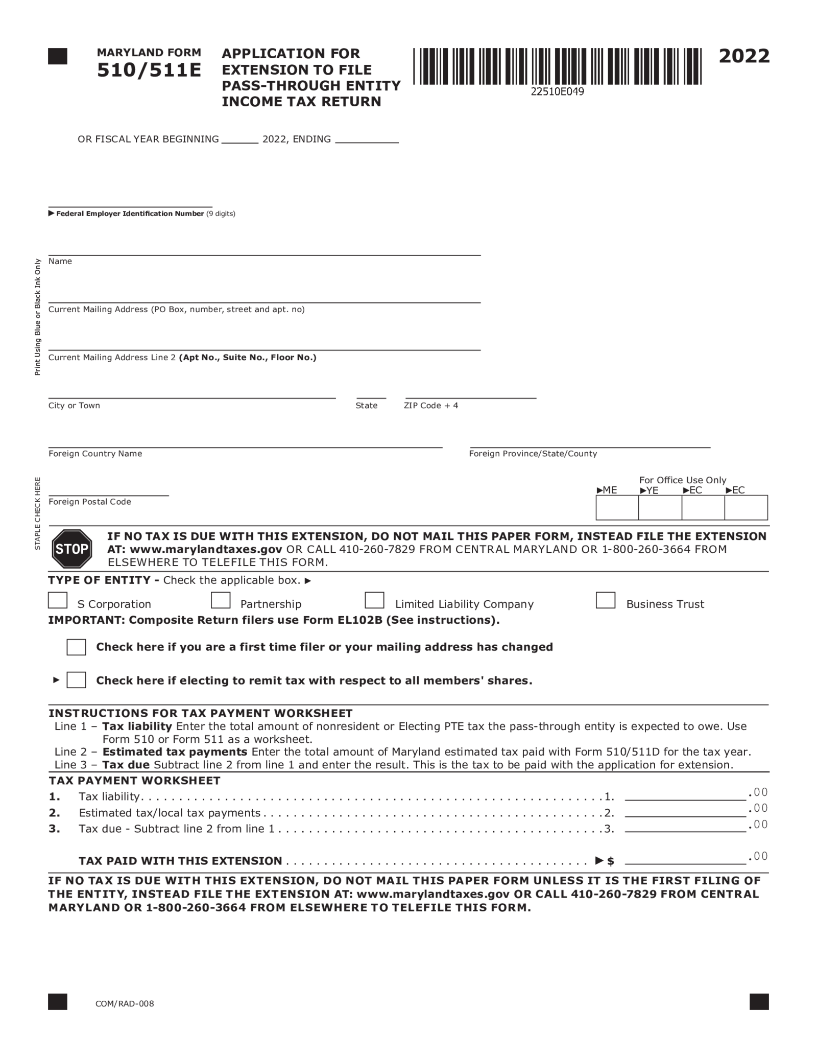 Form 510E Application for Extension to File Pass-Through Entity - Thumbnail