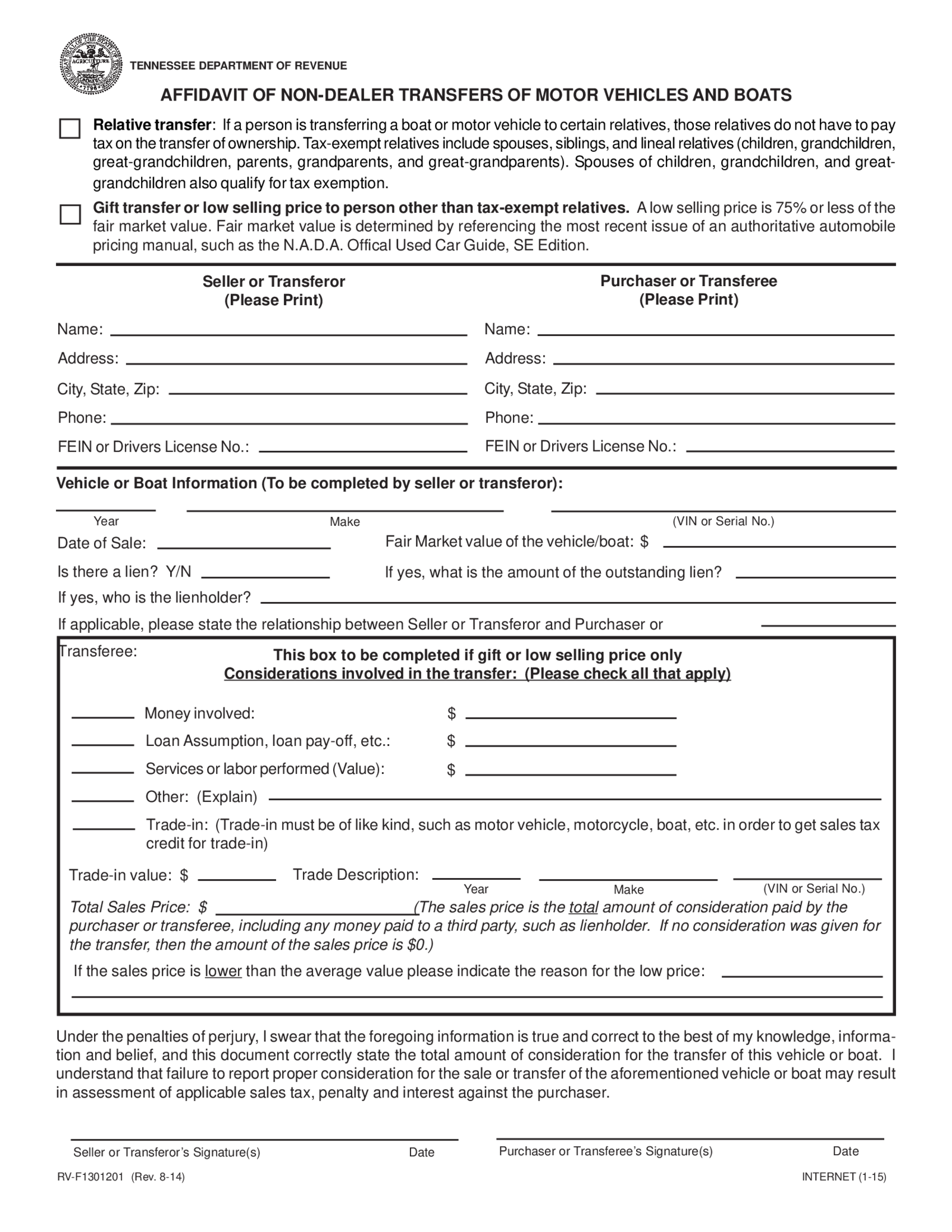 Affidavit of Non-Dealer Transfers of Motor Vehicles and Boats - Thumbnail