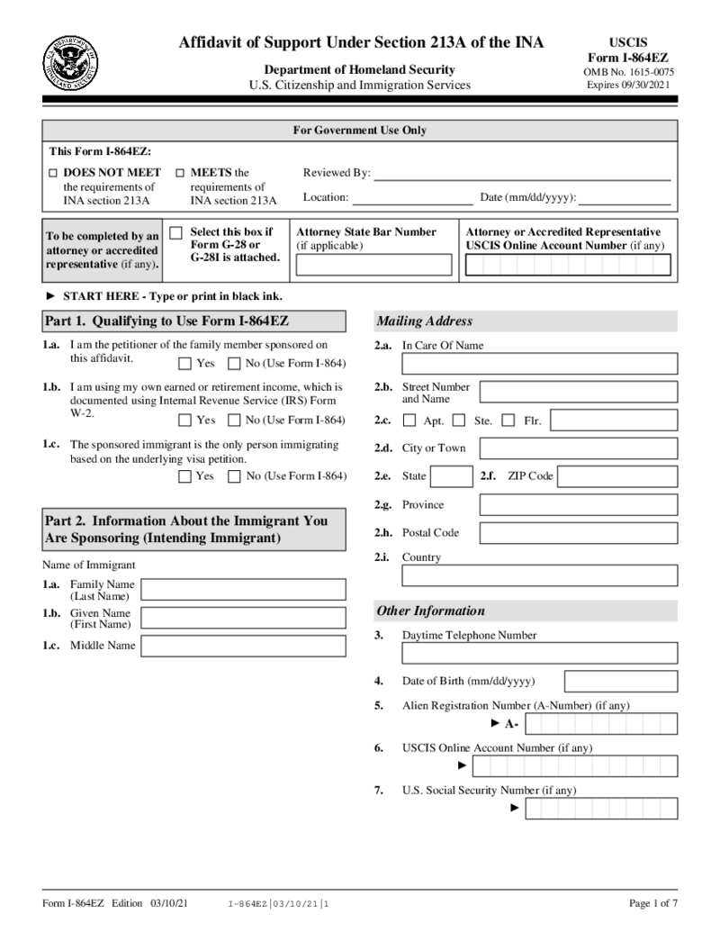 USCIS I-864EZ (2021)