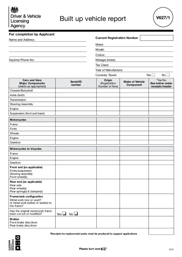 Built up vehicle inspection report (V627 1)